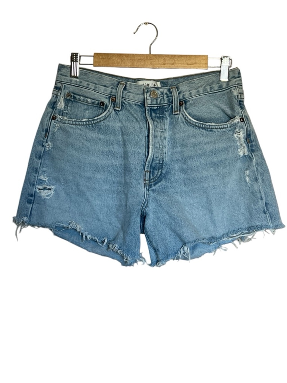 AGOLDE light blue wash raw hem shorts size 27